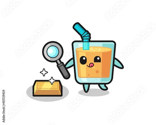 orange juice character is checking the authenticity of the gold bullion