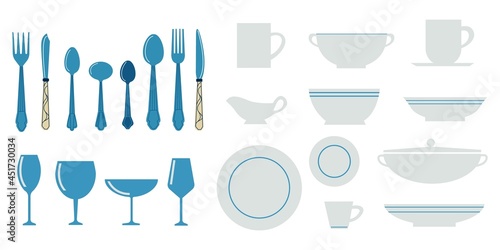 Kitchen utensils. Cartoon kitchenware with spoon knives and forks. Isolated white dishes. Blue cutlery. Ceramic plates or bowls. Glasses and porcelain cups. Vector cooking equipment set