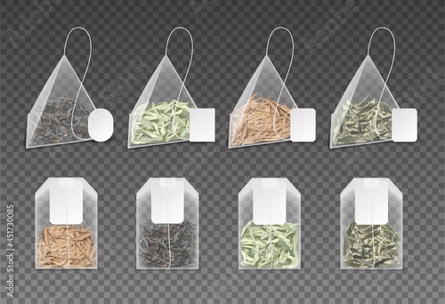 Realistic teabag. 3D pyramid and square bags with green, black or herbal flower tea. Transparent packs set with dried leaves and blank labels. Vector morning drink mockup for branding
