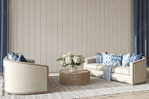 Coastal design living room. Mock up white wall in cozy home interior background. Hampton style 3d render illustration. photo