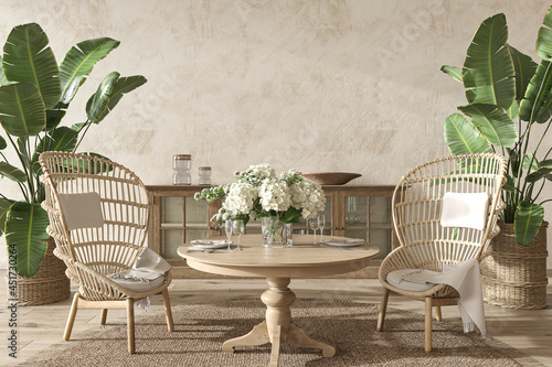Fotografie Coastal design dining room with palm plants