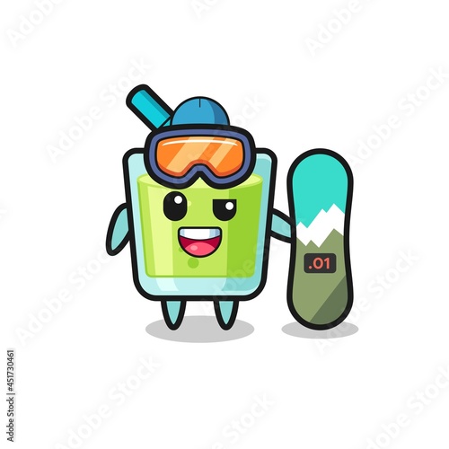 Illustration of melon juice character with snowboarding style