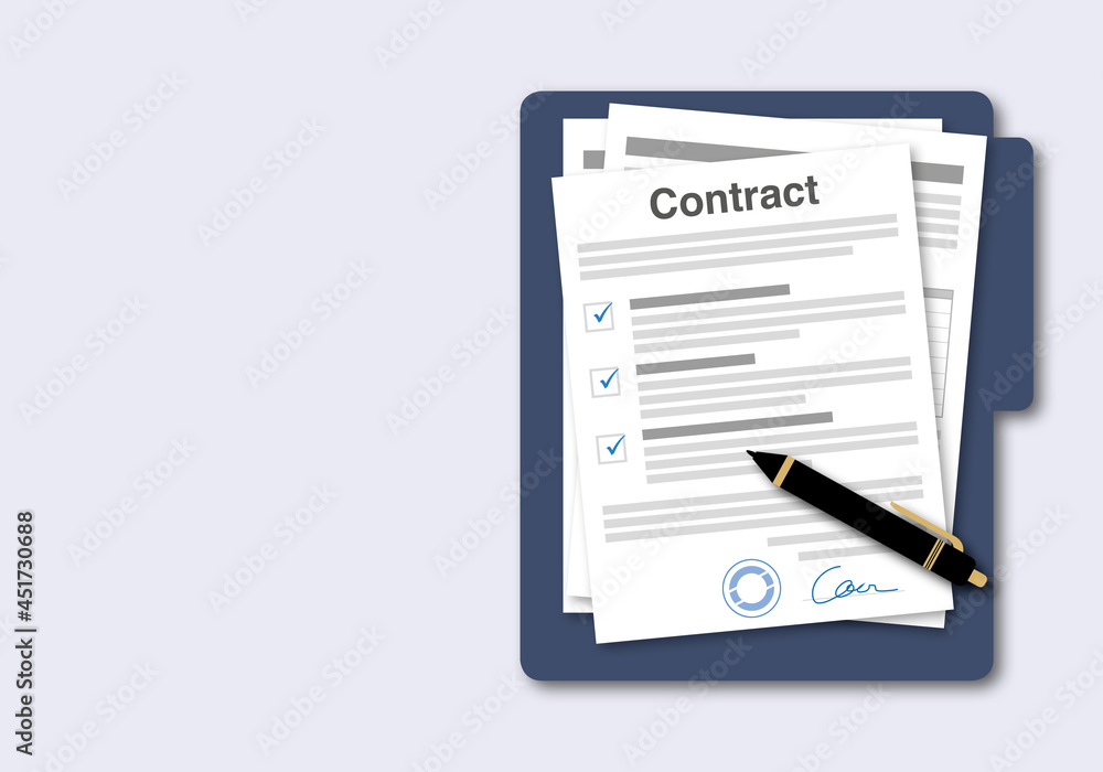 Folder of contract papers with approval stamp and contract signing on grey background. Illustration for agreements document or paperwork, web banners and websites concept, paper cut design style. Folder of contract papers with approval stamp and contract signing on grey background. Illustration for agreements document or paperwork, web banners and websites concept, paper cut design style.