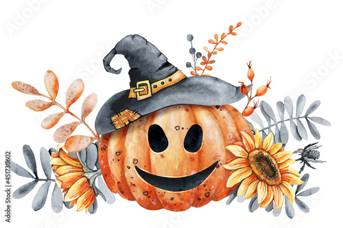 Happy smiling pumpkin wearing a witch hat for the holiday of Halloween. Hand drawn watercolor illustration isolated on white background. Autumn bouquet with leaves, sunflower flowers, black roses