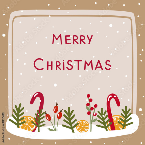 Merry Christmas. Greeting card with text on the background of snow with candy cane  fir branches  berries  orange. Vector illustration  for printing or design