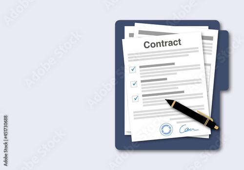 Folder of contract papers with approval stamp and contract signing on grey background. Illustration for agreements document or paperwork, web banners and websites concept, paper cut design style. photo