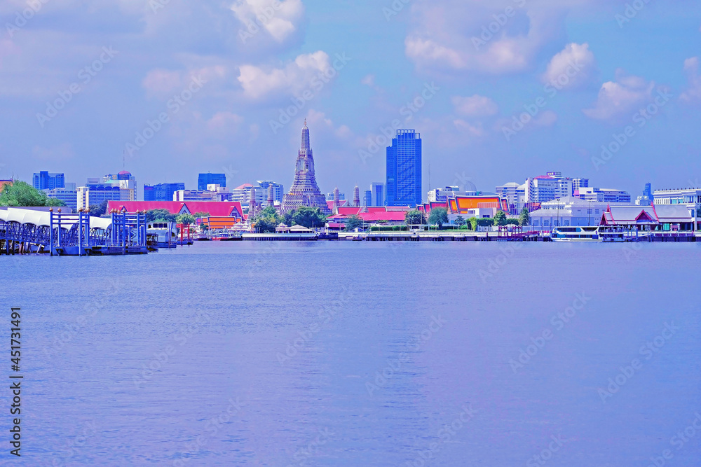 Landscape of The Thai Temple and buildings on bank of the main river in Bangkok City, Thailand
