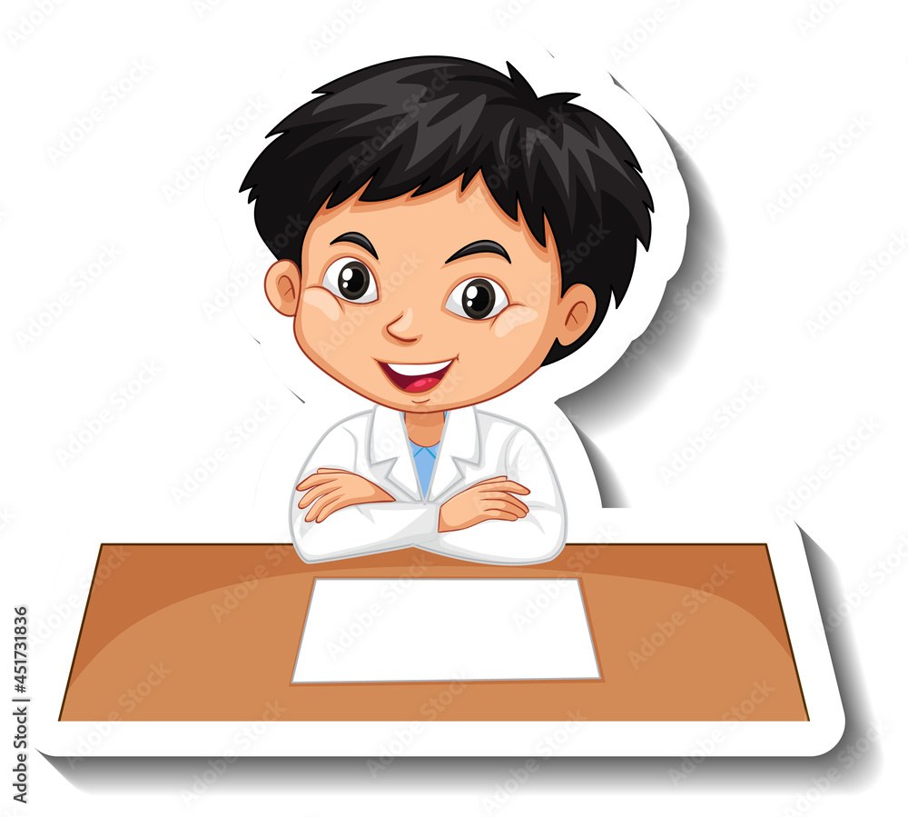 Boy in scientist outfit writing on empty desk