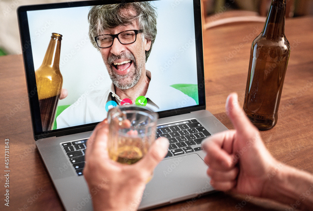 friends get drunk on beer during a video call, business colleagues