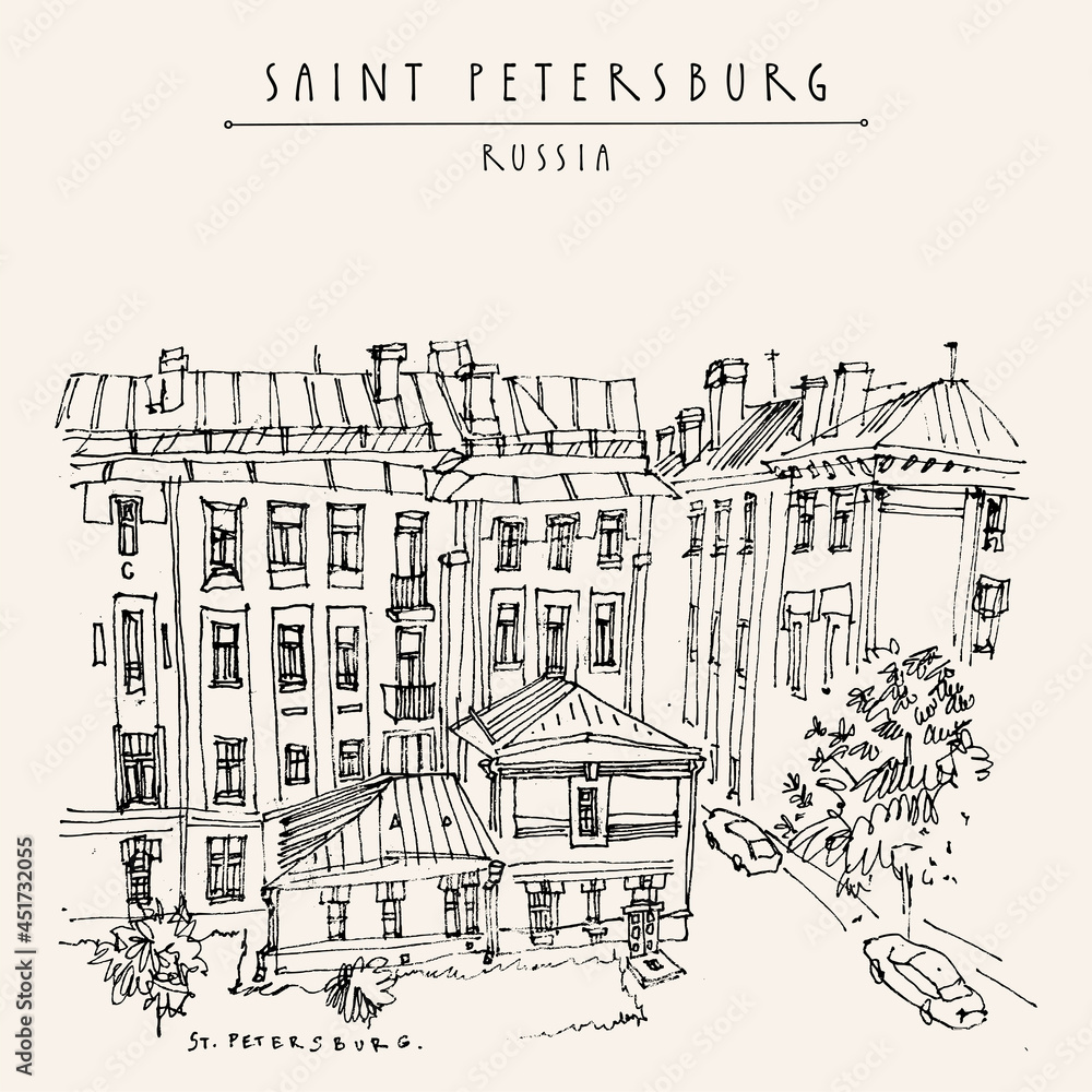 Obraz premium Vector Saint Petersburg, Russia postcard. Historical buildings in city center. Dostoyevski heritage place. Travel sketch. Hand drawn vintage touristic poster, book illustration