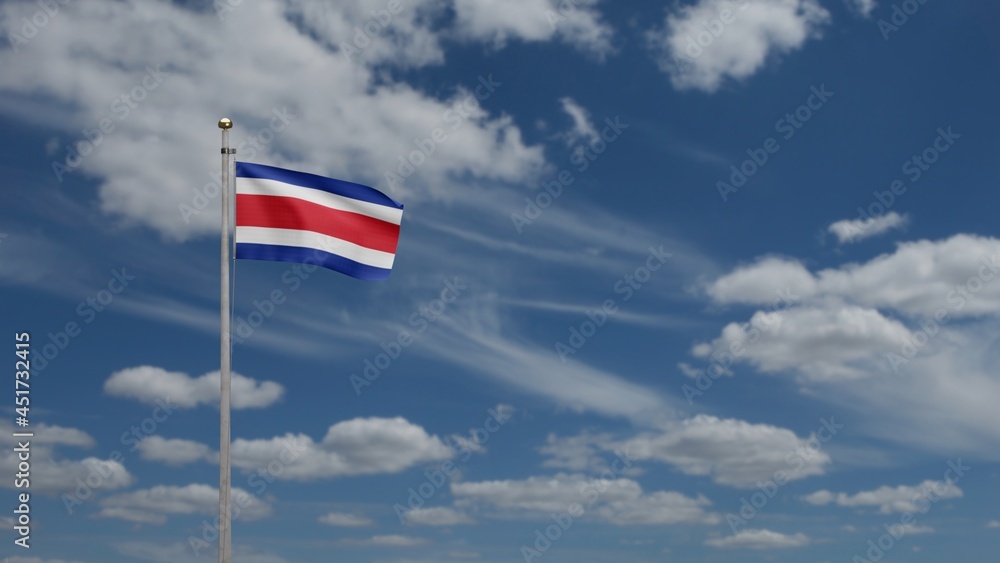 3D, Costa Rica flag waving on wind. Close up of Costa Rican banner blowing silk.