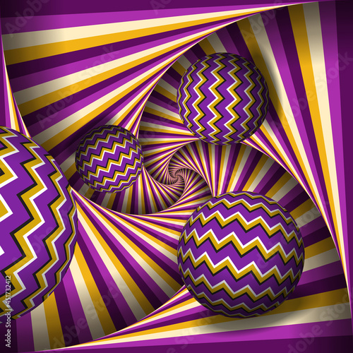 Balls are rolling on four-sleeved spiral of color stripes. Moving optical illusion vector abstraction.