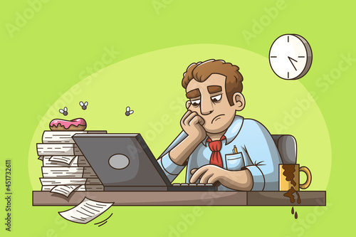 Man sits at work annoyed or bored. Dirty workplace with spilled coffee, old bagel and flies. Vector illustration in modern comic style. photo