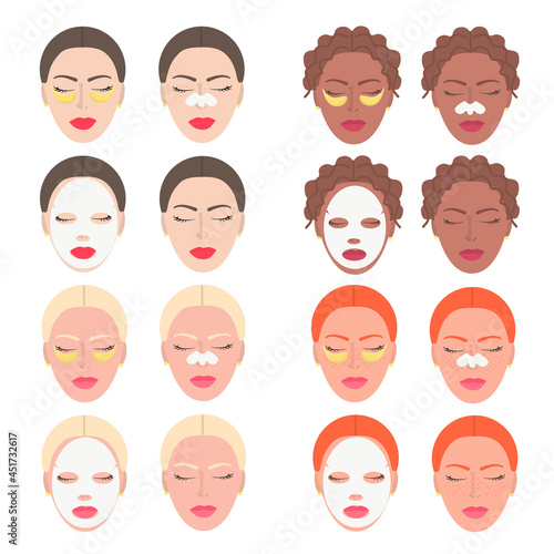 Set of faces of girls, blondes, brunettes, redheads, with moisturizing beauty masks for the face. Stages of facial care. Close-up of women's faces with patches, face and nose masks