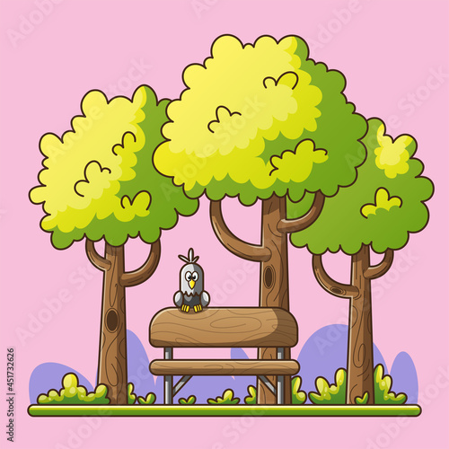 Bench in a park. With trees and bird. Vector illustration in modern comic style. (ID: 451732626)