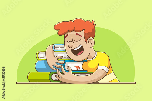 Young man embraces his books. Vector illustration in modern comic style. (ID: 451732636)
