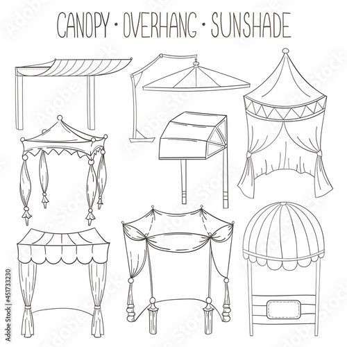 Set of vector outline images of awnings, gazebos, tents, awnings, sun shades and wedding canopies. Line art illustrations for printing advertisements, invitations, banners, logos.