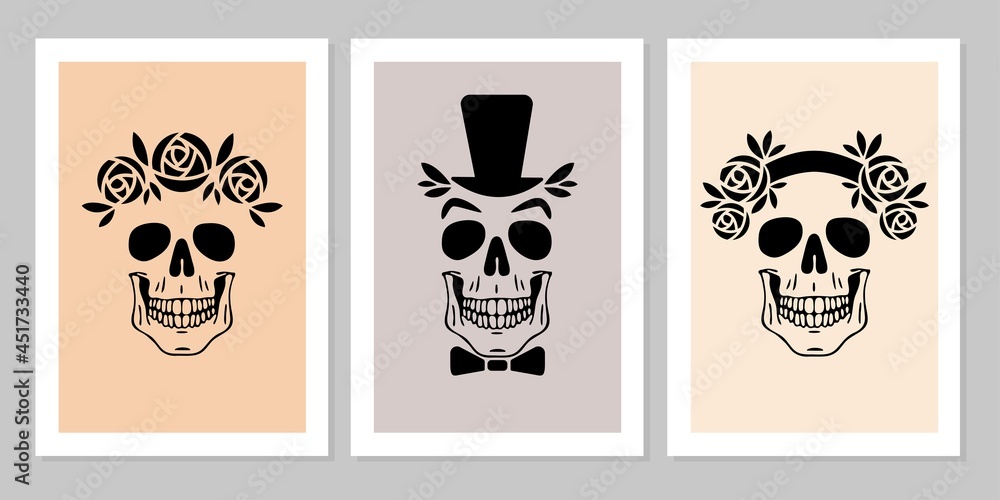Set of human skulls with rose flower, hat, wreath, bow. Beautiful collection of human skull portrait.Vector flat mystic vintage illustration. Design for poster, card, flyer, tarot Set of human skulls with rose flower, hat, wreath, bow. Beautiful collection of human skull portrait.Vector flat mystic vintage illustration. Design for poster, card, flyer, tarot