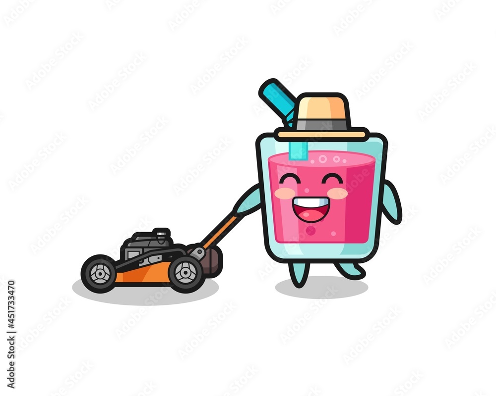 illustration of the strawberry juice character using lawn mower illustration of the strawberry juice character using lawn mower