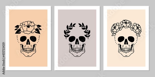 Set of human skulls with flower, laurel wreath. Beautiful collection of human skull portrait.Vector flat mystic vintage illustration. Design for poster, card, flyer, tarot