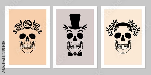 Set of human skulls with rose flower, hat, wreath, bow. Beautiful collection of human skull portrait.Vector flat mystic vintage illustration. Design for poster, card, flyer, tarot
