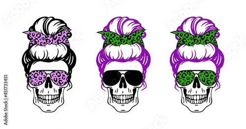Woman skull set with sunglasses, bandana with leopard print isolated on white. Mom skull messy bun lifestyle. Vector flat illustration. Design for fashion, halloween card, print