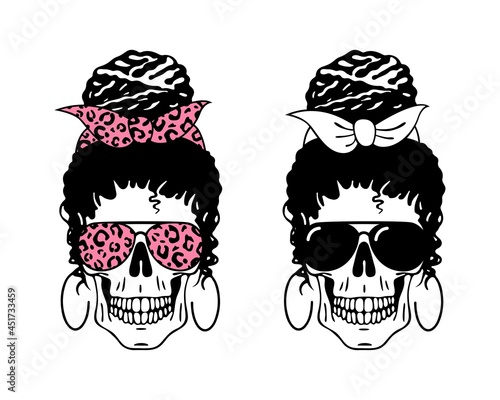 Woman skull set with sunglasses, bandana with leopard print isolated on white. Mom skull messy bun lifestyle. Vector flat illustration. Design for fashion, halloween card, print
