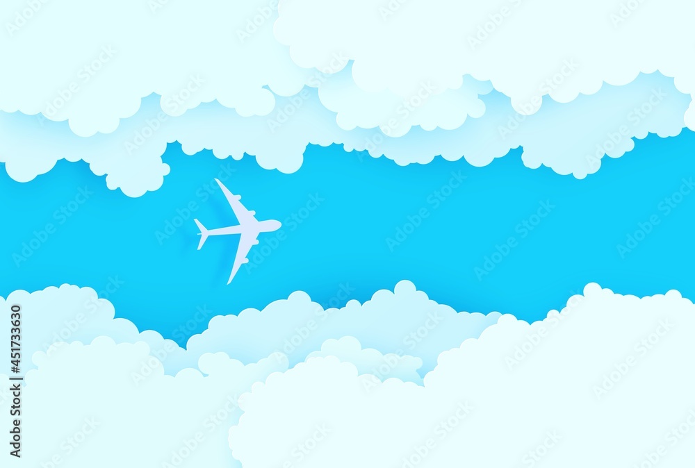 The plane flies between white clouds in the blue sky in paper cut style. 3d papercut background with top view cloudy sky. Vector illustration of cloudscape pastel colors. Simple weather layered banner