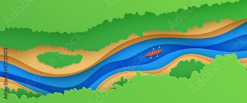 Top view landscape in paper cut style. Eco tourism 3d background with aerial view river green trees and kayak boat. Vector card illustration of extreme rafting sport vacation adventure papercut art