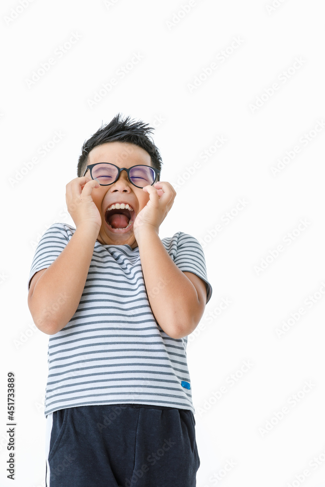 Funny cutout portrait of healthy Asian boy wearing glasses and casual horizontal striped shirt shout out loud with hands covering face as shocked, surprising, exciting on unexpected opportunity Funny cutout portrait of healthy Asian boy wearing glasses and casual horizontal striped shirt shout out loud with hands covering face as shocked, surprising, exciting on unexpected opportunity