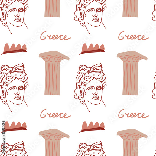 Seamless vector pattern with the gods of Ancient Greece in beige,brown.Repeating Antique ornament hand drawn on white background.Designs for textiles,web,social media,packaging,wrapping paper,fabric.