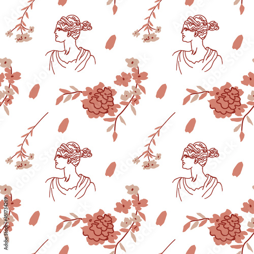 Seamless vector pattern with the gods of Ancient Greece in beige,brown.Repeating Antique ornament hand drawn on white background.Designs for textiles,web,social media,packaging,wrapping paper,fabric.