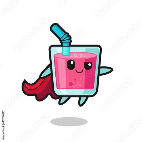 cute strawberry juice superhero character is flying