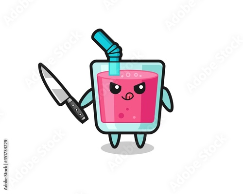 cute strawberry juice mascot as a psychopath holding a knife