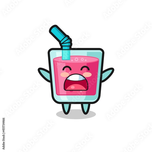 cute strawberry juice mascot with a yawn expression