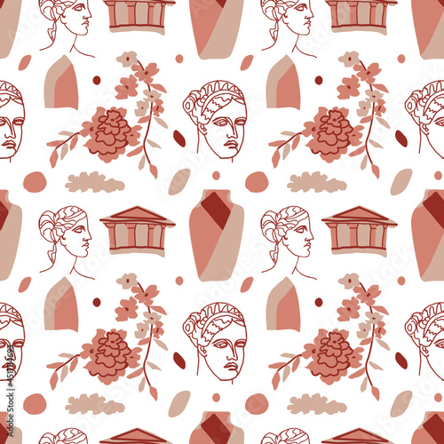 Seamless vector pattern with the gods of Ancient Greece in beige,brown.Repeating Antique ornament hand drawn on white background.Designs for textiles,web,social media,packaging,wrapping paper,fabric.