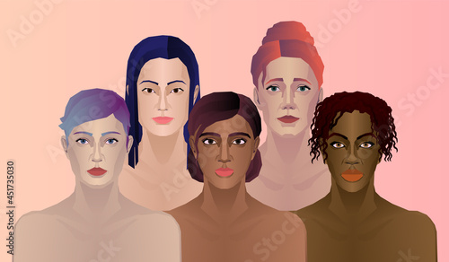 Variety of ethnicity and skin colour female characters. Vector illustration with set of close up women different nationalities and hairstyles. Women support design.