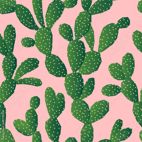 Green opuntia on a pink background seamless pattern design. Opuntia cactus texture for wrapping paper, stationery, textile, web banner. Succulents vector ornament