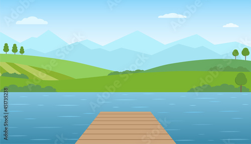 Empty wooden pier at lake. Panoramic summer landscape. Rural scenery with lake, green hills and mountains. Vector illustration.