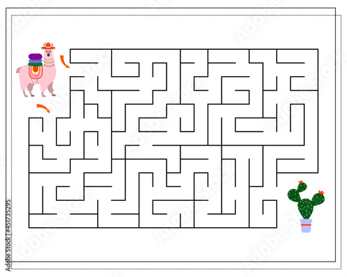 A logical game for children, help the llama to pass the maze and get to the cactus. vector
