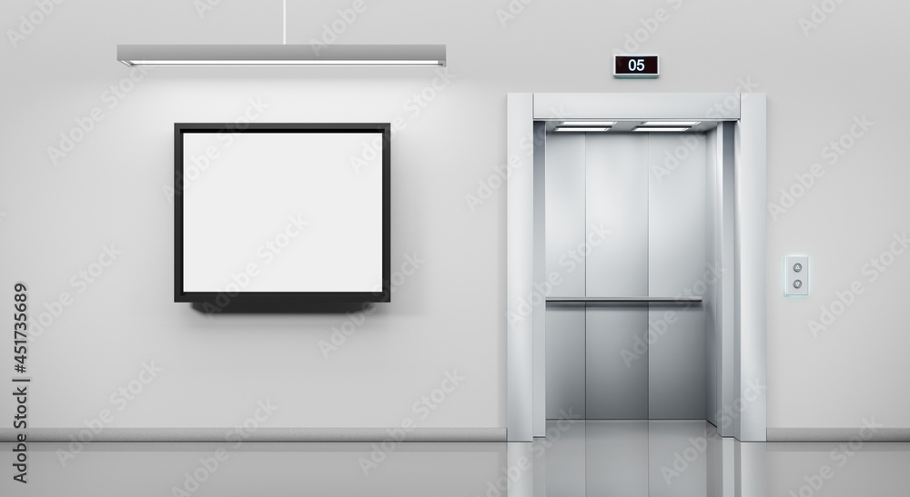 Metal elevator with open door and ad empty billboard or hang LCD screen on wall in office or hotel hallway. Realistic illustration lobby interior with silver lift and mockup white display, 3d render Metal elevator with open door and ad empty billboard or hang LCD screen on wall in office or hotel hallway. Realistic illustration lobby interior with silver lift and mockup white display, 3d render