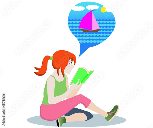 a red-haired girl is sitting, reading a book and dreaming about the sea