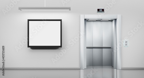 Metal elevator with open door and ad empty billboard or hang LCD screen on wall in office or hotel hallway. Realistic illustration lobby interior with silver lift and mockup white display, 3d render © marozhkastudio