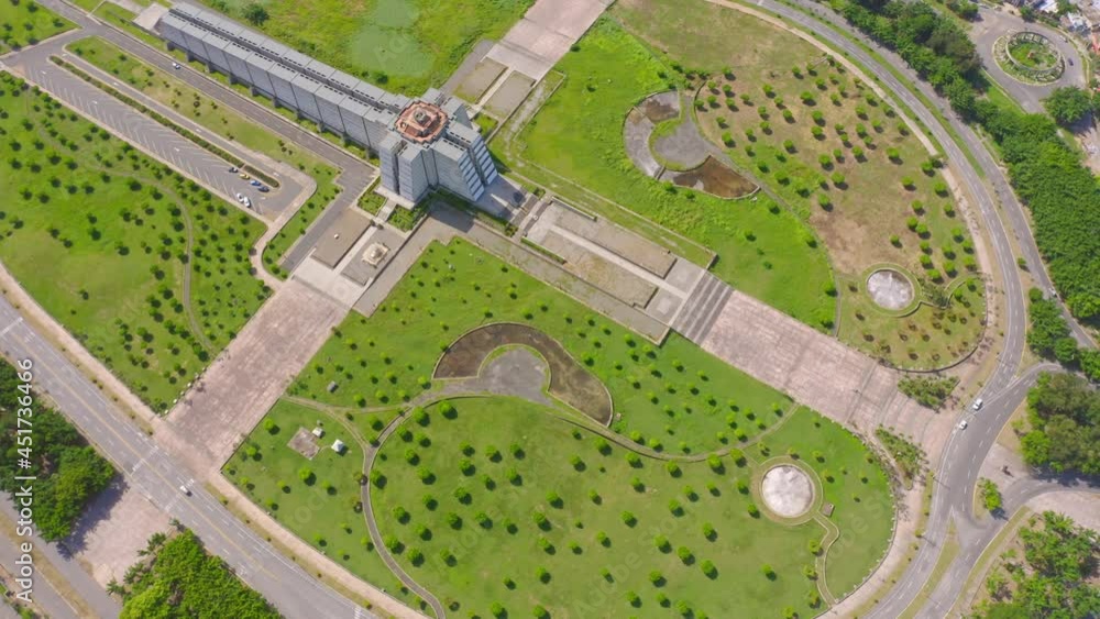Aerial birds eye shot of Columbus Lighthouse surrounded by green fields in sun - Santo Domingo,Dominican Republic Aerial birds eye shot of Columbus Lighthouse surrounded by green fields in sun - Santo Domingo,Dominican Republic