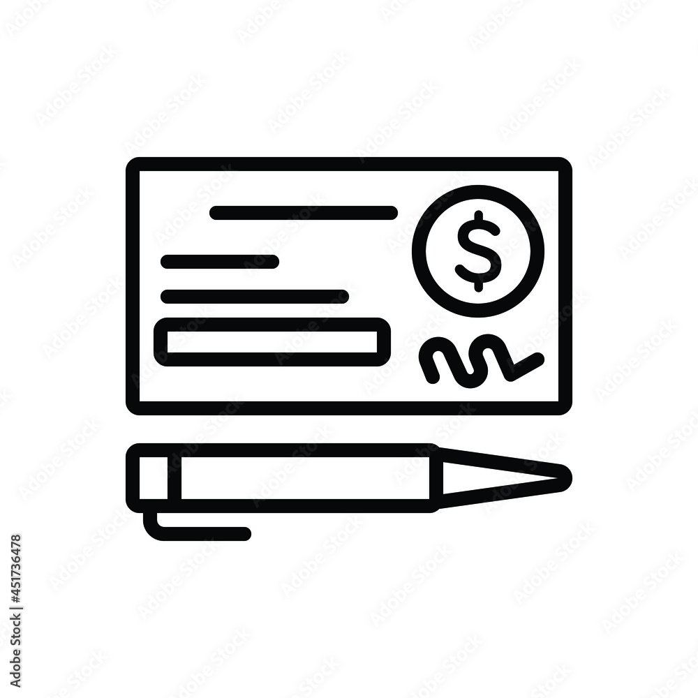 Black line icon for bank check payment Black line icon for bank check payment