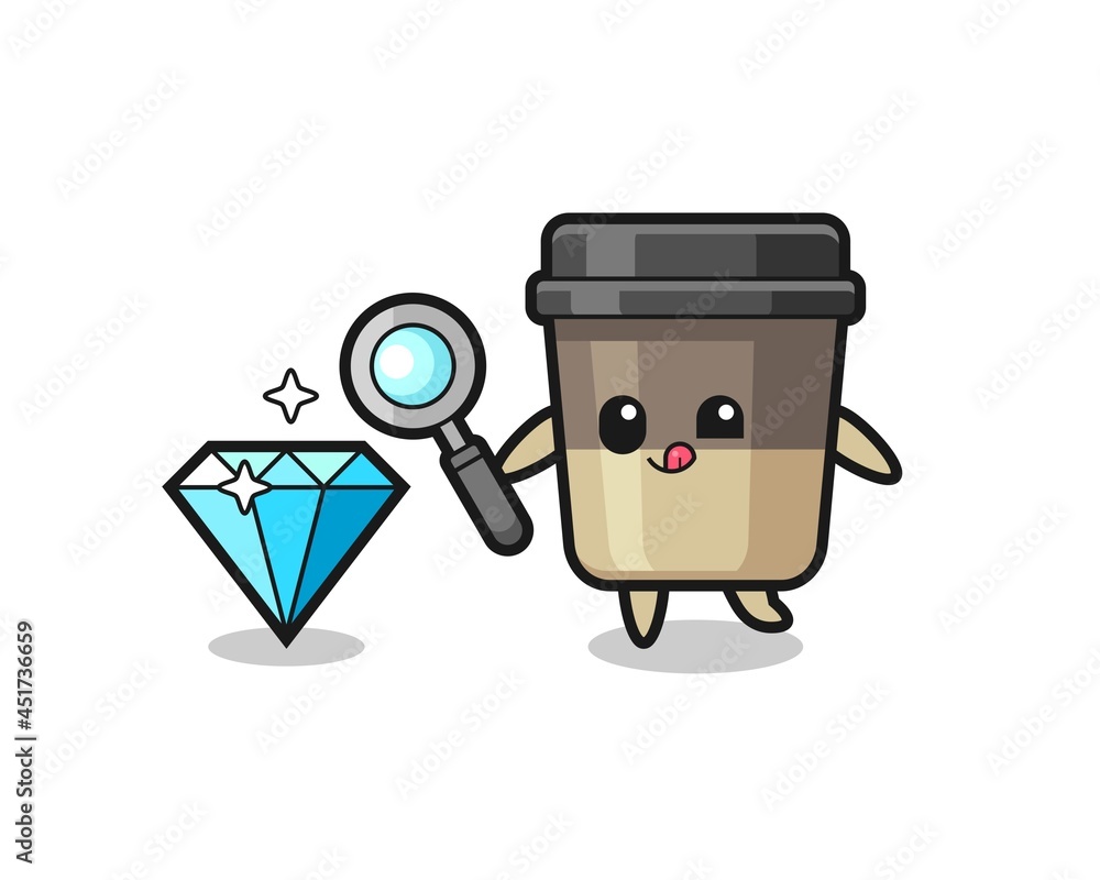 coffee cup mascot is checking the authenticity of a diamond coffee cup mascot is checking the authenticity of a diamond