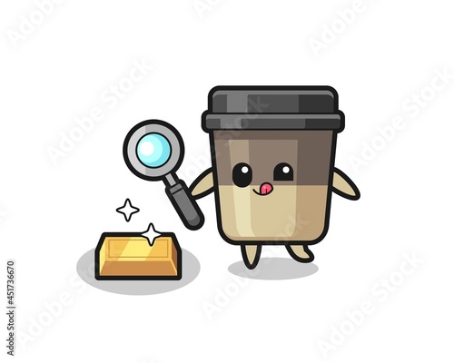 coffee cup character is checking the authenticity of the gold bullion