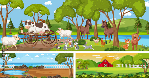 Set of different outdoor landscape scenes with cartoon character