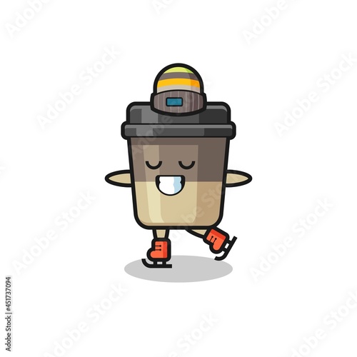 coffee cup cartoon as an ice skating player doing perform
