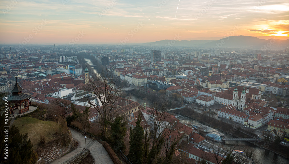 Graz Cityscape in Austria. Graz is the capital city of the southern Austrian province of Styria. At its heart is Hauptplatz, the medieval old town s main square. Beautiful Sunset Light.